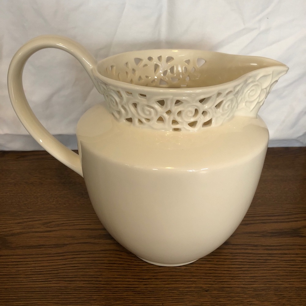 Godinger “Cream Lace” Large Pitcher 9 1/2” tall. Pierced Lace Rim